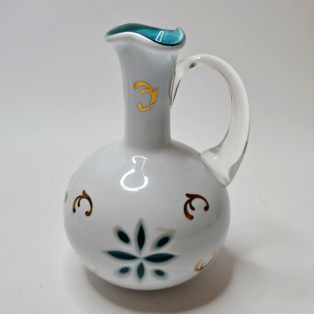 Vtg Bohemian Czech Glass White Cut To Blue Cruet Applied Clear Handle